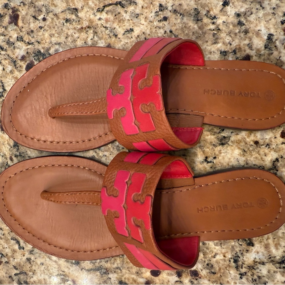 Tory Burch Tan and Pink Leather Sandals